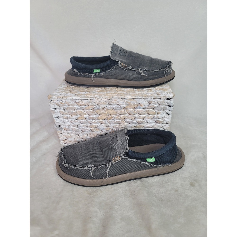Sanuk Vagabond Mens Charcoal Grey Frayed Canvas Slip On Loafers Beach Size 11